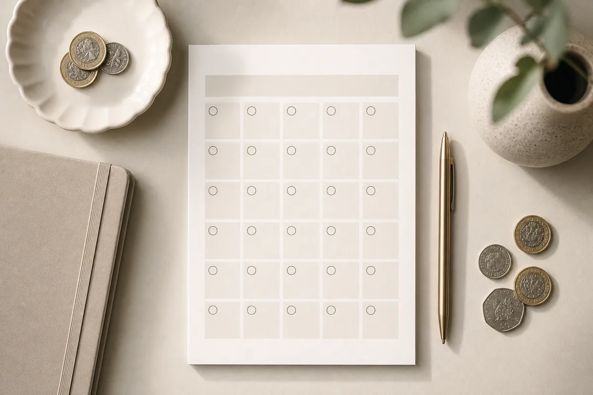 30-day budget checklist flat lay