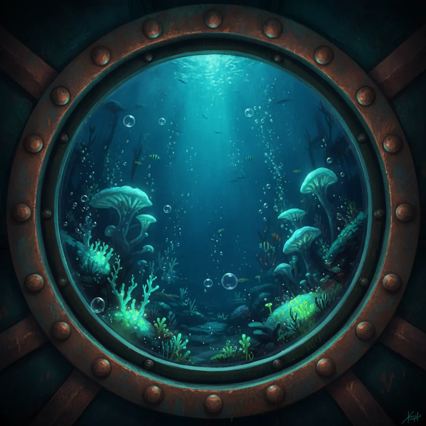 Deep sea observatory window looking into bioluminescent waters