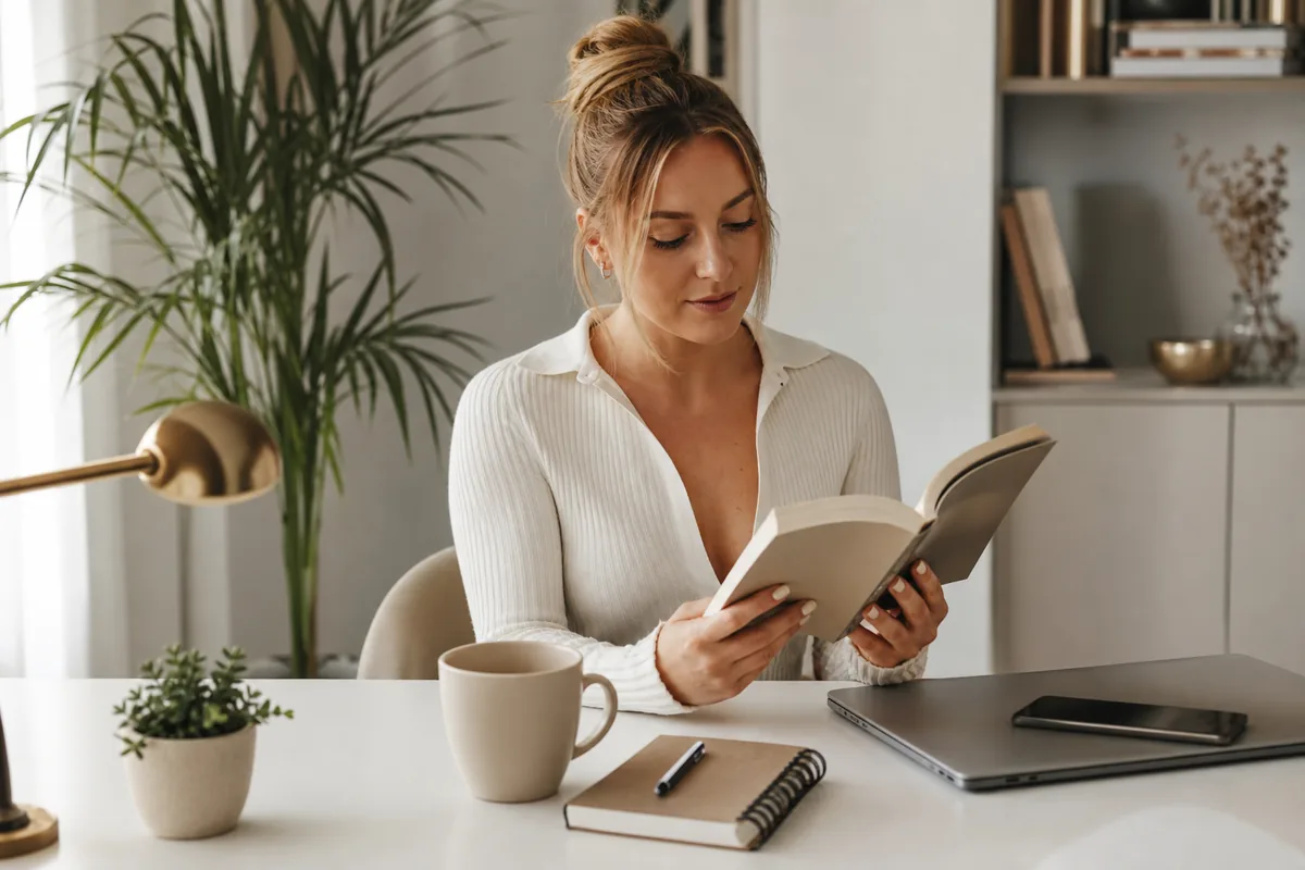 Young woman reading a personal finance book at home